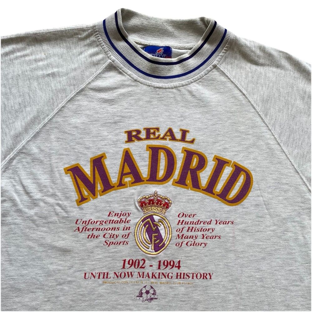 90s Real Madrid T Shirt Win XL Raglan Ringer La Liga Futbal Gray Soccer Spain